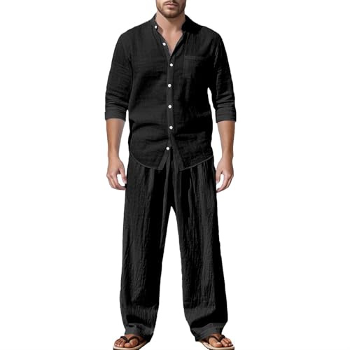Leinen Outfits Herren Sommer Leicht Sportanzug Lässiges Jogginganzug Baumwolle Leinen Tracksuit Casual 2 Teiliges Sommerhemd und Lang Hosen Freizeitanzug Zweiteiler Workout Set Sommeranzug
