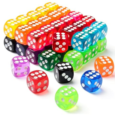 AEKZOX Set di 50 Dadi Colorati Trasparenti 14mm a 6 Facce in Acrilico per Giochi da Tavolo e Dadi da Gioco