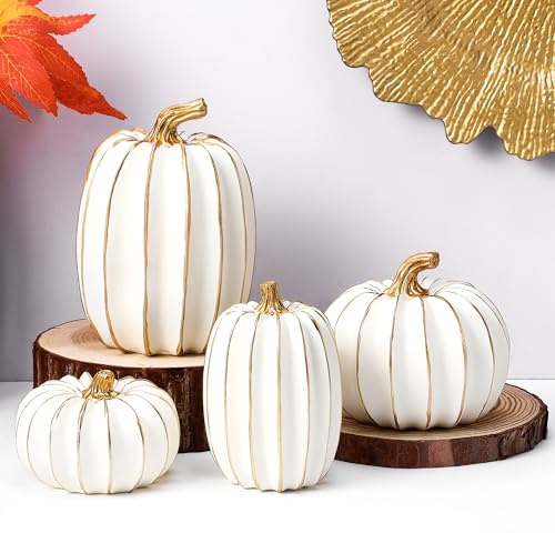 Yalikop 4 Pcs Fall Pumpkin Decor Resin Thanksgiving Fake Pumpkins Figurines for Decorating White and Gold Artificial Pumpkins Table Centerpieces for Farmhouse Home Harvest Decoration Halloween Indoor
