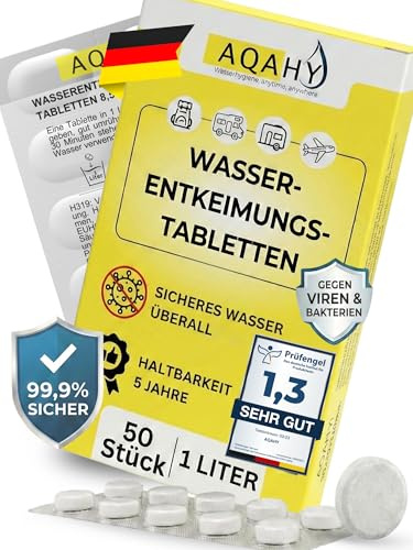 AQAHY Wasserentkeimungstabletten – Trinkwasseraufbereitung Active | Wasseraufbereitungstabletten für Wandern, Camping, Notfall Ausrüstung | Wasserreinigungstabletten Trinkwasser