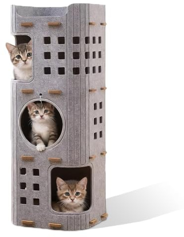Refugio para gatos de fieltro de 3 pisos, 90 * 37 * 37 cm, cama para gatos, casa para gatos interior con pelota de juego, casa de gatos con cerradura para jugar, refugio cálido plegable para gatos