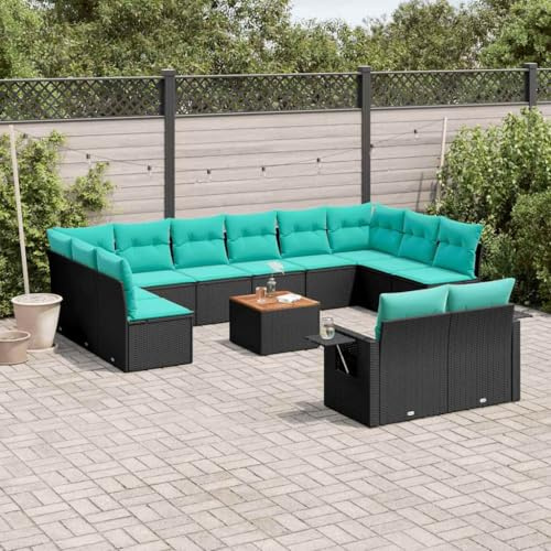 Teenpull 13-delad trädgårdssock-set, svart polyrattan med kudde, modulär loungesoffa för terrass, utomhusmöbler med sidobord, UV-resistent