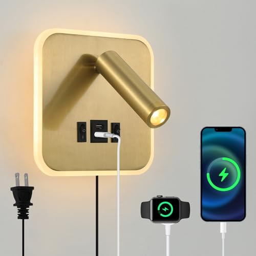 Moon rural LED Wall Lamp With Wall Mounted Reading Lights,Modern Wall Sconce Plug in for Bedroom or Living Room With Charging Station USB C+A Ports,Headboard Bedside Lamps With 3W+9W Night Light 3000K