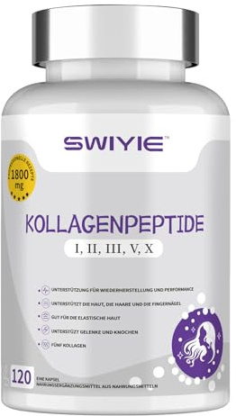 SWIYIE Multi Collagen Peptides Gélules 1800mg, Collagène Types I II III V X, avec Vitamine C, Biotine & Acide Hyaluronique, Bovin, Poisson, Poulet & Membrane d’Œuf, 120 Gélules
