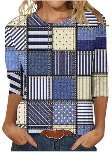 FlutVolt damblus vardaglig 3/4-ärm t-shirt elegant bomull tunika toppar lös rund hals sommarskjortor färgglad randig lång skjorta vintage sport lång blus kvinnors sommartröja, 165 marinblå, XL