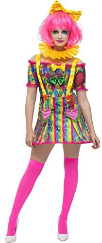 Smiffys 47015S -, Damen Flickarbeiterin Clown Kostüm, Kleid mit angebrachten Hosenträgern, Fliege und Kopfband, Größe: 36-38, mehrfarbig