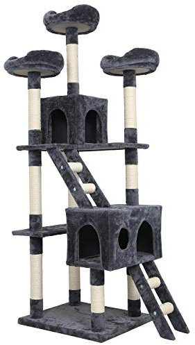 Meerveil Arbre à Chat Griffe de Chat Cadre d'escalade de Chat Planche à Gratter Jouet Boule de Cheveux Suspendu Double Plateforme, Hamac, Hauteur 186cm (Gris)