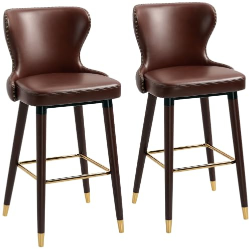 HOMCOM Bar Stools Set of 2 PU Leather Barstools Backrest Footrest Brown