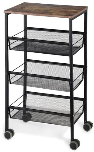 LIANTRAL Küchenwagen mit 4 Ebenen, Rollwagen, Nischenregal auf Rollen mit Hölzerner Tischplatte, Küchenregal und Badregal für Kleine Räume, Küche, Bad, Büro, platzsparend, Vintagebraun und Schwarz