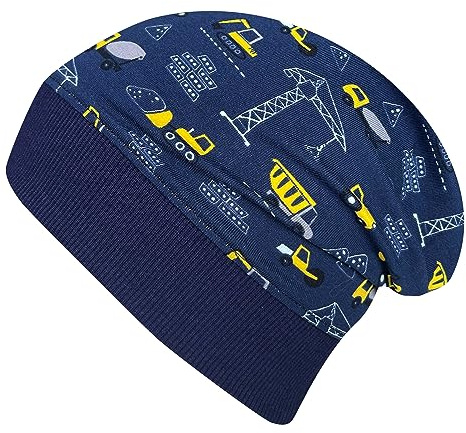 Wollhuhn ÖKO Leichte Mädchen/Jungen Beanie-Mütze Bündchen Elastisch Übergangszeit/Sommer Kinder-Mütze Baumwolle (Öko-Stoffe, Bio) (DE/NL/SE/PL, Numerisch, 52, 54, Baustelle Dunkelblau-Gelb)
