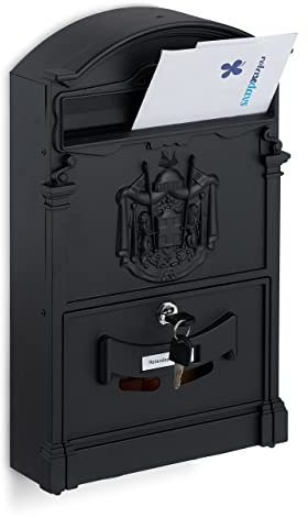 Relaxdays Cassetta della Posta dal Design Antico, Porta Lettere in Acciaio e Alluminio, HxLxP: 41 x 25,5 x 9 cm, Nero, 1 pz