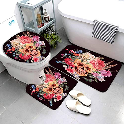 AOLIGL Badezimmermatte Set Skelett 3D Drucken Schädel Und Rosa Pfingstrosen Teppich Badezimmer Badgarnitur 3teilig Mikrofaser Bath mat U-förmigen Contour Matte- WC Vorleger 40 x60