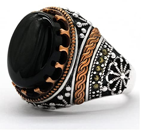 Rings JewelryTurkish Black Herrenring mit natürlichem Achat 925 Sterling Silber Vintage Classic Aqeeq Ringe Antik Punk Schmuck Herren Damen Geschenk Ringe (Edelsteinfarbe : Black Stone, Ring Size : 10