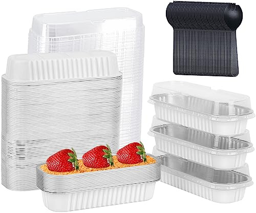 LNYZQUS Mini Cake Pans with Lids 100 Pack,Individual Foil Baking Tins,Disposable Mini Loaf Pans Small Cakes Tin Cupcake Containers for Bake Sale Wedding-White,6.8oz