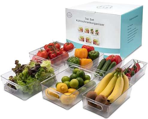 IRROA Kühlschrank Organizer 7er Set - Küchen Organizer und Aufbewahrungsbox Kühlschrank, Vorratsbehälter für Küche, Büro und Badezimmer - Fridge Organizer durchsichtig