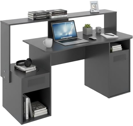 Dmora - Scrivania Manos, Scrittoio multifunzione moderno da gaming, Tavolo da studio porta PC e porta CD, 154x69h98 cm, Antracite, senza luci LED