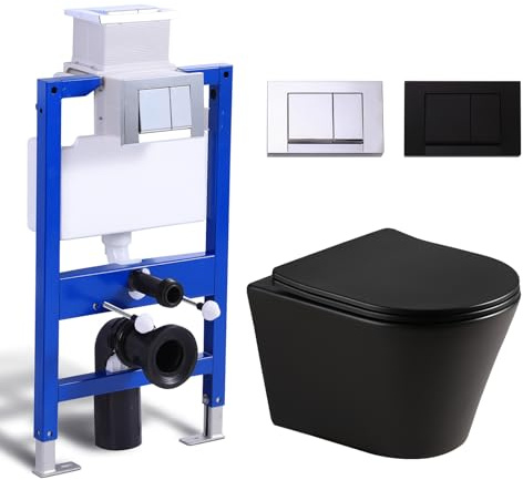 WC suspendu sans rebord noir mat avec réservoir de chasse encastré, kit complet de toilettes et élément de paroi avant, 2 plaques de déclenchement, WC mural avec système d'abaissement automatique