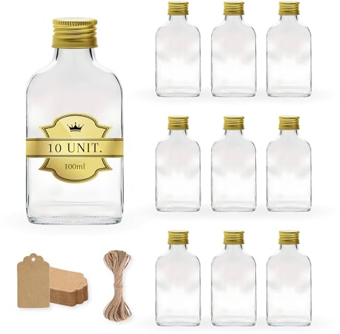 20x Bouteilles en Verre 100ml Style Flasque à Alcool avec Bouchon a Vis Doré + 20 Étiquettes Kraft + Ficelle - Flacon pour Whiskey, Rhum, Liqueur - Fioles de Poche pour Boissons Spiritueuses