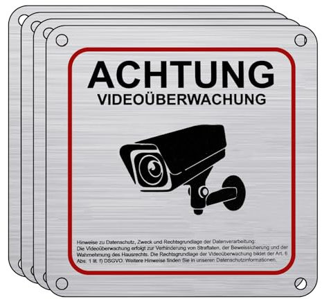 Flintronic Videoüberwachung Schild, 4-er 15x15cm Aluminium Schilder Kameraüberwachung mit DSGVO Hinweis, Achtung Privatgrundstück Warnschild für Innen Außen, Selbstklebend und 4 Bohrlöcher (10mm Dick)