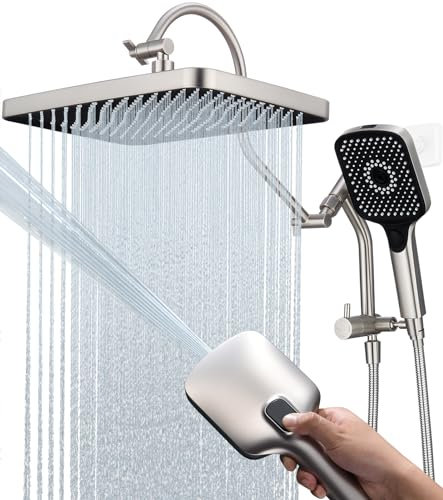13 Inch Rainfall Shower Head with Multi-Function Handheld Sprayer Combo, 3-Way Metal Extended Diverter with Holder and Metal Adjustable Curved Shower Extension Arm, Extra Long Hose Brushed Nicke