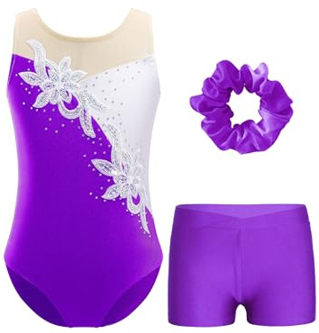 FEESHOW Gymnastikdräkt för barn, flickor med korta byxor, ärmlös, glitter, paljetter, strass, gymnastiktröja, gymnastik, bodyshorts, hårsnodd-set, violett, 146-152