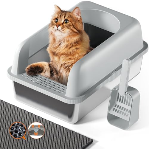 Lettiera per gatti in acciaio inox XL/L, in acciaio inox, grande capacità, a prova di fuoriuscite, con paletta in metallo (grigio chiaro)