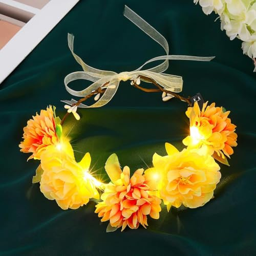 Zoestar Leuchtende Blumenkrone, Stirnband, LED-Haarkranz, Brautschmuck, Blumengirlande, Kopfschmuck, Festival, Party, Haarschmuck für Damen und Mädchen (Orange + Champagner, Einheitsgröße)