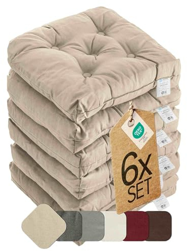 etérea Sitzkissen 42x42 cm 6er Set - Taupe 8 cm hoch - Bodenkissen für Indoor, Outdoor, Küche, Garten, Auflage - Heidi Stuhlauflage - 6 Stück Stuhlkissen 40x40 cm Taupe