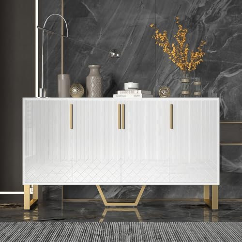 BTM Buffet Brillant, Armoire de Rangement Blanche au Design Géométrique, Buffet Cuisine avec 4 Portes, Charge de 40kg, 140x80x40cm, Blanc