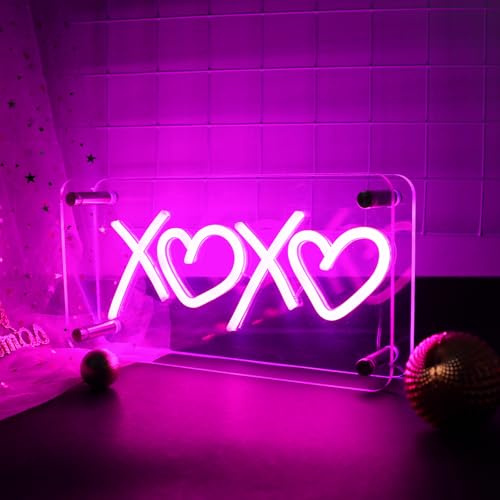 DWOOKE XOXO-Neonschilder, rosa XOXO-LED-Schilder, USB-betrieben, doppelschichtiger Acryl-LED-Neon-Leuchtkasten, dimmbares Neonlichtschild für Tischdekoration, Wanddekoration, Bar, Weihnachten, Valent