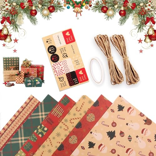 Papel de Regalo Kraft Navidad,6 Papel Regalo Navidad,Papel de Regalo Navidad Infantil,70 x 50cm Papel de Navidad,Vintage Bobina Papel Embalar Navidad Kraft,Adecuado para Fiestas Navideñas,Festivales