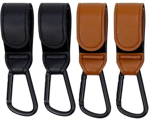 ZEACCT 4 Piezas Clips Cochecito Estilo Cuero, Ganchos Sujetar Bolsas Cochecito, Ganchos Cochecito, Bolsos Cuero Ganchos Cochecito, Clips Cochecito Bebé, for Pushchair, Shopping Bags Etc Outdoor Use