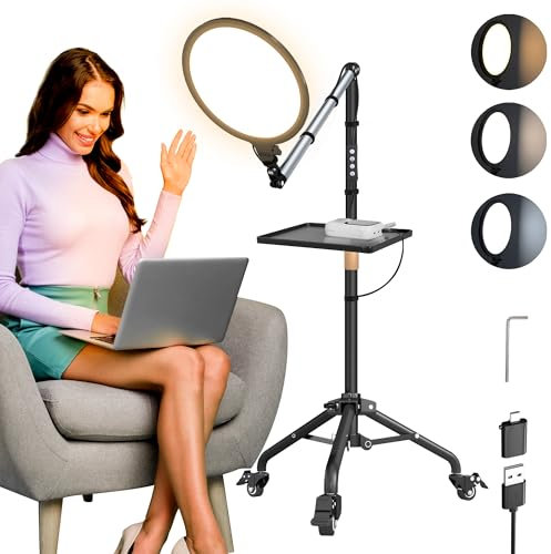 10 LED Floor Lamp, 193cm Fill Light with Moveable Tripod&Flexible Arm, 3000K-6500K Full-Screen Ring Light with Wheels&Tray&Straps, Esthetician Light for Tattoo/Nail Art/Makeup/Reading/Photo/Craft