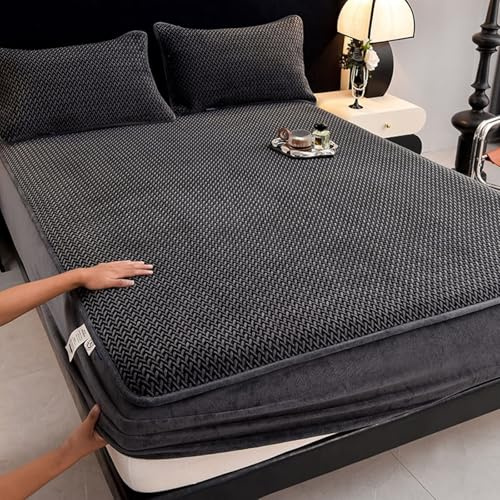 ANAZOZ Boxspringbett 180x200 Spannbettlaken, Betttuch mit Gummizug aus Samt Dunkelgrau mit Fischgrätmuster, mit 2 Kissenbezug