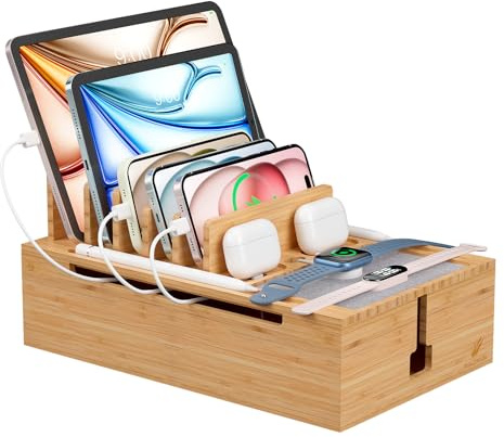 Pezin & Hulin Bambus-Ladestation, Organizer für elektronische Geräte für mehrere Geräte-Ladegeräte wie Handy, Tablet, Uhr und mehr, Natur, (ohne USB-Ladegerät und Kabel)