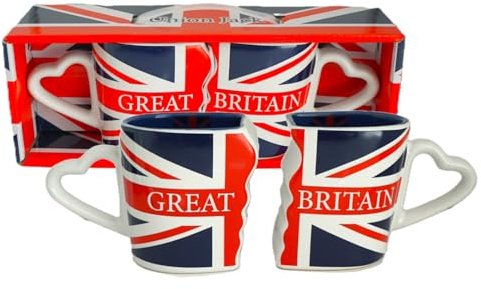 Set di 2 tazze da caffè con bandiera della Gran Bretagna, con manici a forma di cuore, design intricato in ceramica, set da 2 pezzi, regalo perfetto per tè e viaggio