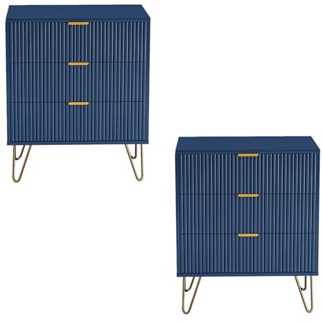 WOBOPCG Juego de 2 Mesitas de Noche Modernas de 3 Cajones, Cómoda de 3 Cajones Mesitas Auxiliares con Cajones Mesa Auxiliar de Madera Mesita de Noche Azul Patas y Asas Doradas Panel de Veta Vertical