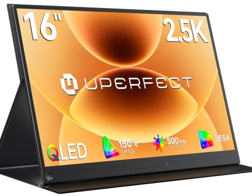 UPERFECT – Moniteur portable QLED 2.5K 16 pouces, 500 Nits QHD 2560x1600 16:10, écran mat pour le soin des yeux, HDMI standard et 2 ports USB-C, sans cadre avec boîtier arrière métallique, couvercle
