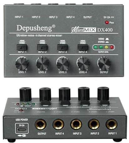 SHEHUALI Mesa de Mezclas de Audio, Mezclador de línea de 4/6/8 Canales de Ruido ultrabajo Mini Mezclador de Sonido Fuente de alimentación DC5V Mezclador de fácil operación(DX400)
