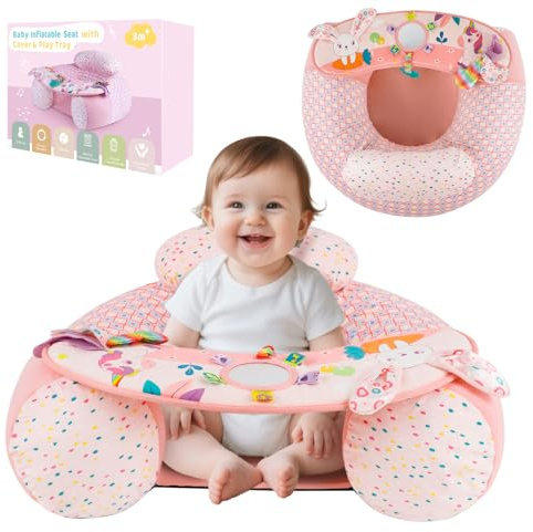 Blublu Park Verbesserter breiterer U-förmiger aufblasbarer Sit Me Up Bodensitz für Babys von 3–36 Monaten, tragbarer Babystuhl mit sensorischem Tablett zum Sitzen, Babybodensitze und -liegen, Einhorn