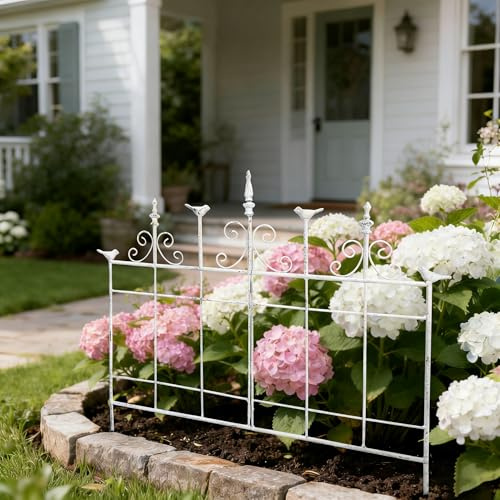 Metal Decorative Garden Fence Vintage Cast Iron Garden Edging Border Folding Fence, Rustproof Landscape Border Yard Stake Tall Picket Fence for Flower Bed, Yard, Animal Barrier 25.6W x 23.2H (White)