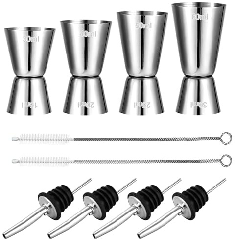 VPAFPEKG 4 Pièces Doseur Cocktail 3cl 4cl 5cl 6cl, Jigger Verre Doseur Cocktail, Double Doseur à Cocktail en Acier Inoxydable avec 4 Becs Verseurs et 2 Brosses, pour Cocktail Bar Fête Vin Gin Shaker