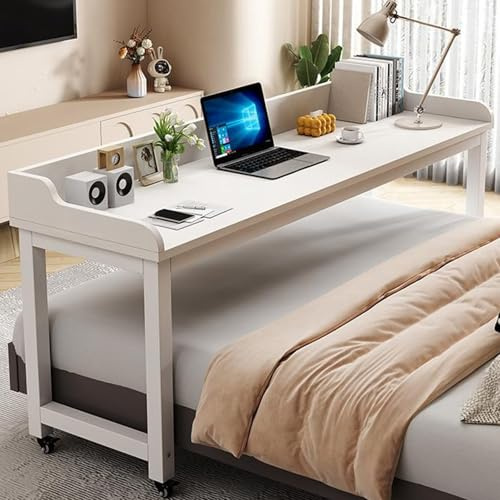 Großer Mobiler Nachttisch, Computer-Nachttisch Mit Rollen, Höhenverstellbarer Laptop-betttisch Auf Rollen Liegefunktion Und Sideboard-Ständer(White,100cm/39.3in)
