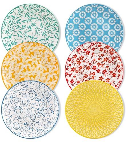 vancasso Selene 8.25 Inch Colorful Floral Dessert Plates Set of 6, Porcelain Side Plates for Appetizer, Salad, Pasta, Steak, Scratch-Resistant, Microwave and Dishwasher Safe