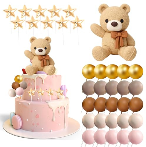 36-Piece Collection Bear Cake Balls Topper, Teddy Bear Cake Toppers Set with Beige Brown Spheres, Bohemian Style Decorations for Shower Party Supplies Birthday Cakes Teddy Bear