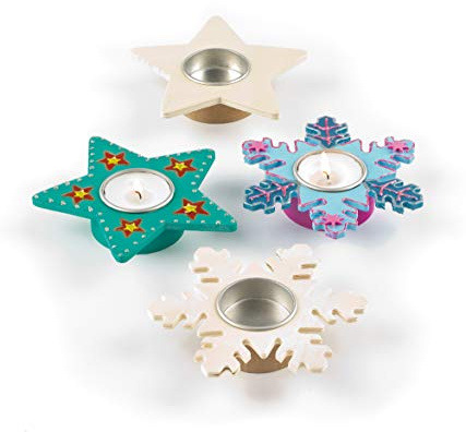 Baker Ross EX7082 Porte Bougies en Bois en forme d'Etoile et Flocon de Neige - Lot de 4, décorations en bois, Idéal pour les décorations de Noël pour les Enfants de l'artisanat