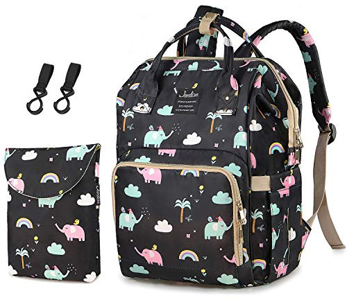 Junlion Blöjväska, vattentät blöjryggsäck babyblöja skötväskor med krokar + separat smutsig blöjpåse, Elefant, 4 Count (Pack of 1)
