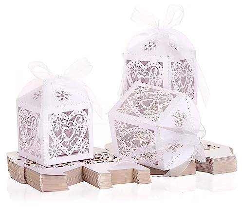 GWHOLE 60 Pezzi Scatole per Bomboniere Matrimonio con Nastro, Scatoline Portaconfetti in Cartoncino Perlato per Prima Comunione, Battesimo e Feste, Bianco (5x5x7.5 cm)