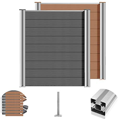S SIENOC WPC Zaun Sichtschutzzaun Zaunblende Gartenzaun 180cm Lamellenzaun Alu-Pfosten Hellbraun Windschutz(10x Element + 11x Pfosten,Hellbraun)