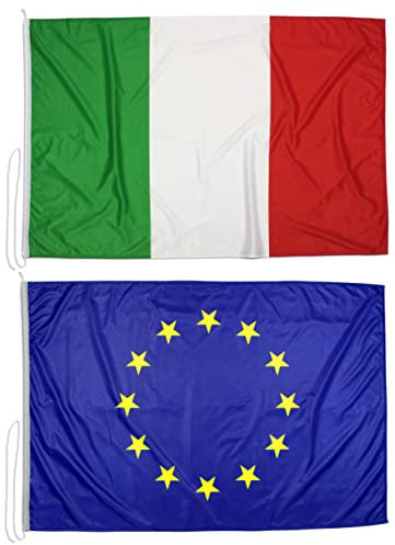 Kit 2 bandiere 150x100 cm (ITA/EU) in tessuto nautico da 115g/m², bandiere Italia e Europa 150x100 cm con cordino, doppia cucitura perimetrale e fettuccia di rinforzo